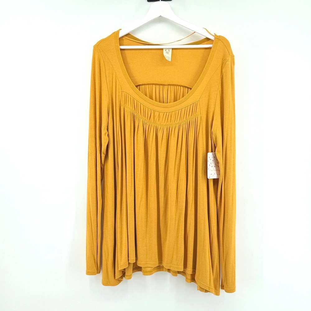 Free People Tunic Top Babydoll Ribbed Large Mustard Yellow Womens Boho Tunic